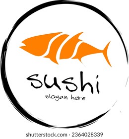 This logo has a red background with a touch of gold which gives a luxurious impression. In the center of the logo is an image of a beautiful plate of nigiri sushi, with pieces of fresh fish on top of 