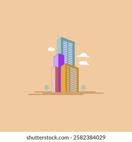 This is a logo illustration of a building with clouds and trees, suitable for logo design for contractor companies, contractors, civil engineers, engineers, architects, banners, posters, advertisement