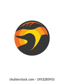 This logo is an illustration of a duck under a leaf in a sunset setting