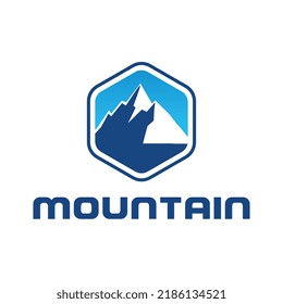 This is a logo image of a mount inside a hexagon in blue color that looks modern and fresh for outdoor adventure company.