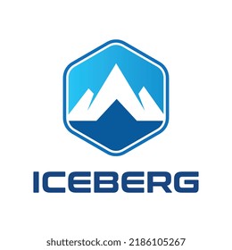 This is a logo image of a mountain shaped iceberg inside a hexagon in blue color that looks modern and fresh for outdoor adventure company.