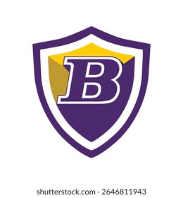Este é um logotipo de uma letra inicial B em um escudo em negrito em estilo universitário varsity em roxo e amarelo cor em estilo simples plana que parece negrito e esportivo em um fundo branco