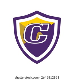 This is a logo of an initial letter C on a shield in bold font in college varsity style in purple and yellow color in simple flat style that looks bold and sporty on a white background