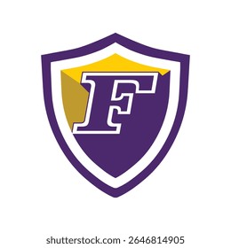This is a logo of an initial letter F on a shield in bold font in college varsity style in purple and yellow color in simple flat style that looks bold and sporty on a white background