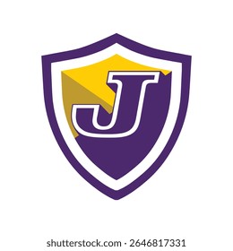 This is a logo of an initial letter J on a shield in bold font in college varsity style in purple and yellow color in simple flat style that looks bold and sporty on a white background