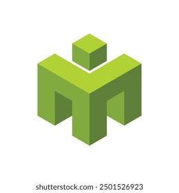 This is a logo of an initial letter M in green color in hexagonal block cube style on a white background