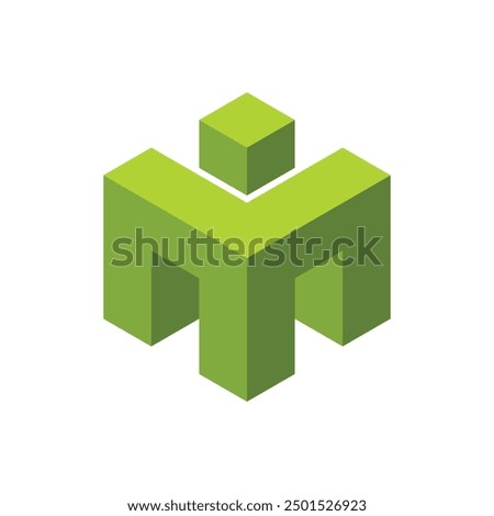 This is a logo of an initial letter M in green color in hexagonal block cube style on a white background