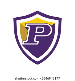 This is a logo of an initial letter P on a shield in bold font in college varsity style in purple and yellow color in simple flat style that looks bold and sporty on a white background