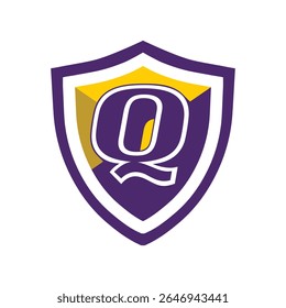 This is a logo of an initial letter Q on a shield in bold font in college varsity style in purple and yellow color in simple flat style that looks bold and sporty on a white background