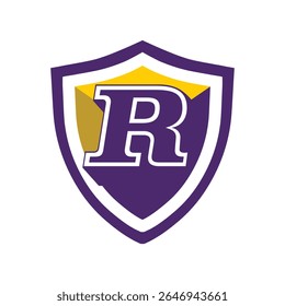 This is a logo of an initial letter R on a shield in bold font in college varsity style in purple and yellow color in simple flat style that looks bold and sporty on a white background
