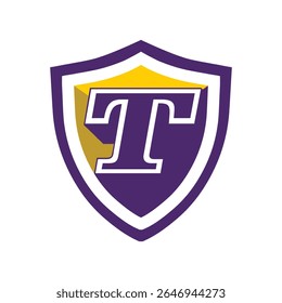 This is a logo of an initial letter T on a shield in bold font in college varsity style in purple and yellow color in simple flat style that looks bold and sporty on a white background