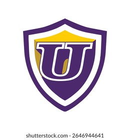 This is a logo of an initial letter U on a shield in bold font in college varsity style in purple and yellow color in simple flat style that looks bold and sporty on a white background