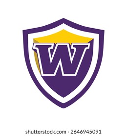 This is a logo of an initial letter W on a shield in bold font in college varsity style in purple and yellow color in simple flat style that looks bold and sporty on a white background
