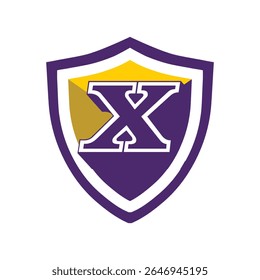 This is a logo of an initial letter X on a shield in bold font in college varsity style in purple and yellow color in simple flat style that looks bold and sporty on a white background