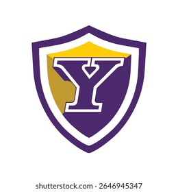 This is a logo of an initial letter Y on a shield in bold font in college varsity style in purple and yellow color in simple flat style that looks bold and sporty on a white background