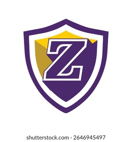 This is a logo of an initial letter Z on a shield in bold font in college varsity style in purple and yellow color in simple flat style that looks bold and sporty on a white background