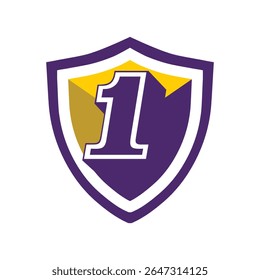 This is a logo of an initial number 1 on a shield in bold font in college varsity style in purple and yellow color in simple flat style that looks bold and sporty on a white background