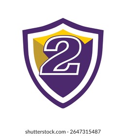This is a logo of an initial number 2 on a shield in bold font in college varsity style in purple and yellow color in simple flat style that looks bold and sporty on a white background