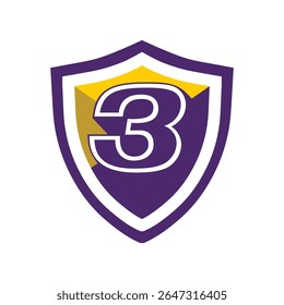 This is a logo of an initial number 3 on a shield in bold font in college varsity style in purple and yellow color in simple flat style that looks bold and sporty on a white background