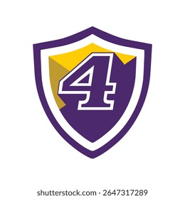 This is a logo of an initial number 4 on a shield in bold font in college varsity style in purple and yellow color in simple flat style that looks bold and sporty on a white background