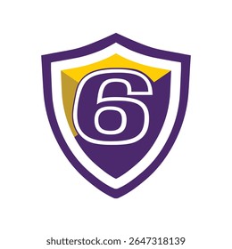 This is a logo of an initial number 6 on a shield in bold font in college varsity style in purple and yellow color in simple flat style that looks bold and sporty on a white background