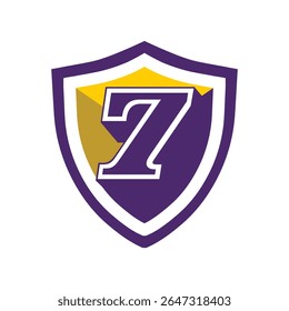 This is a logo of an initial number 7 on a shield in bold font in college varsity style in purple and yellow color in simple flat style that looks bold and sporty on a white background