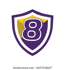 This is a logo of an initial number 8 on a shield in bold font in college varsity style in purple and yellow color in simple flat style that looks bold and sporty on a white background