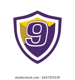 This is a logo of an initial number 9 on a shield in bold font in college varsity style in purple and yellow color in simple flat style that looks bold and sporty on a white background
