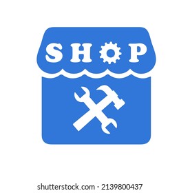Este logo está inspirado en un sitio de compra y venta, y tiene elementos de tienda, martillos y claves de herramientas.