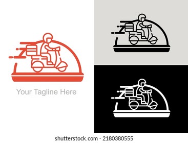 In this logo, the motorbike is depicted in a place to eat
with the impression of motion which means delivery courier service food to be delivered to customers