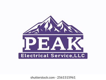 This logo for "PEAK Electrical Service, LLC" features bold purple mountain peaks above the word "PEAK" in a strong serif font. Below, a rectangular bar includes "Electrical Service, LLC" in a clean.