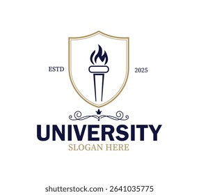 This logo presents a striking shield design incorporating a torch, symbolizing knowledge and enlightenment. It is ideal for a university established in 2025, reflecting a modern aesthetic.