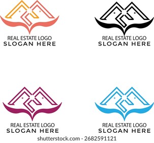 Este conjunto de logotipos presenta cuatro variaciones de un emblema inmobiliario que combina techos y manos en forma de corazón para simbolizar el cuidado, la protección y la vivienda.