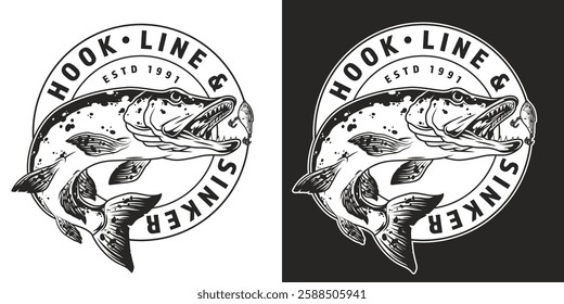 This logo showcases a bold fish illustration encircled by the words Hook Line and Sinker with an established year of 1991 perfect for a vintage fishing brand or event.