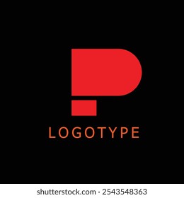 Este logotipo muestra una letra minimalista y atrevida "P" en rojo sobre fondo negro, con "LOGOTIPO" escrito a continuación en naranja. Combina Formas geométricas para un look moderno y memorable.