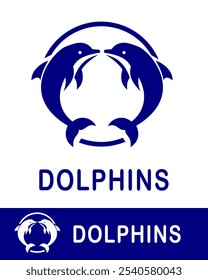This logo showcases two dolphins in a symmetrical, circular design with a blue color scheme, symbolizing harmony, intelligence, and playfulness
