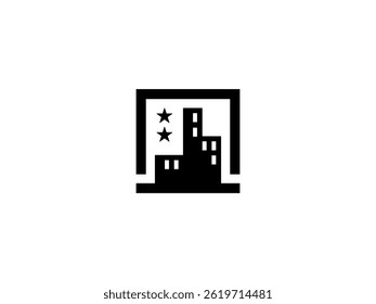 This logo is a silhouette of a skyscraper with two stars.