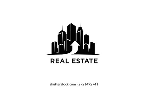 Este logotipo simboliza el crecimiento inmobiliario con elegantes siluetas de rascacielos y una flecha hacia arriba, lo que indica el aumento del valor de las propiedades y las oportunidades de inversión. Representa la arquitectura moderna