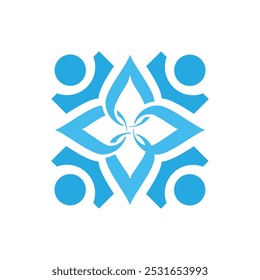 This is a logo that depicts connected geometrical segments forming a flower shape in blue color that looks beautiful on a white background that symbolizes connection and teamwork and also togetherness