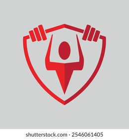 Este logotipo se utiliza para el logotipo de un lugar deportivo o de fitness con un escudo que lo rodea y una persona que levanta pesas en el medio del escudo