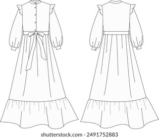 This long dress with ruffle frill and robe technical drawing features detailed elements, including the ruffle frill design, robe-style belt, and dress silhouette. Ideal for fashion designers and garme