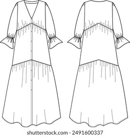 This long dress technical drawing features detailed representations of the silhouette, seams, and design elements. Ideal for fashion designers and garment makers, it ensures accurate interpretations f