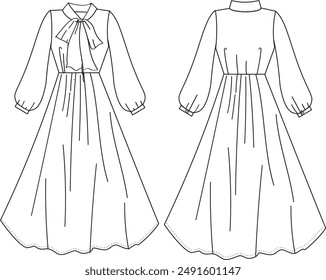 This long dress technical drawing features detailed representations of the silhouette, seams, and design elements. Ideal for fashion designers and garment makers, it ensures accurate interpretations