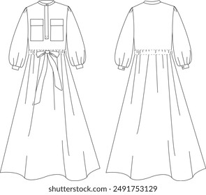 This long dress technical drawing features detailed representations of the silhouette, seams, and design elements. Ideal for fashion designers and garment makers, it ensures accurate interpretations 