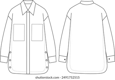 This long shirt with low sleeve technical drawing features detailed elements, including the shirt’s extended length, low sleeves, and seam lines. Ideal for fashion designers and garment makers, it pro