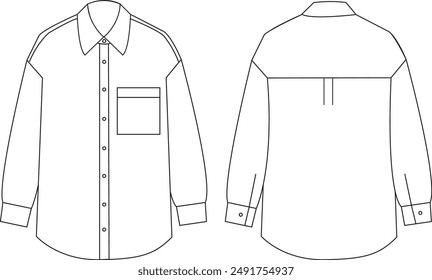 This long shirt technical drawing highlights precise design details, including the shirt’s length, silhouette, and seam lines. Ideal for fashion designers and garment makers, it provides a clear and a