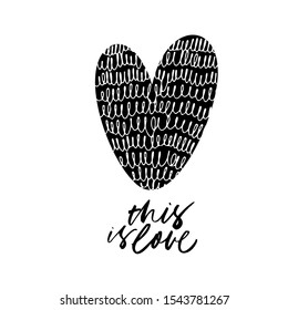 This is love phrase with big black heart. Doodle element, curly lines. Romantic ink, paint brush stroke freehand quote. Inspirational banner, poster, greeting card, print design element.