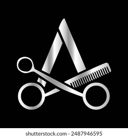 This luxurious and elegant initial "A" scissors logo
is designed for barbershops and salons, retaining its beauty
even when scaled down or used in black and white.