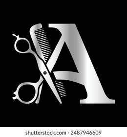 This luxurious and elegant initial "A" scissors logo
is designed for barbershops and salons, retaining its beauty
even when scaled down or used in black and white.