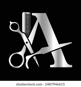 This luxurious and elegant initial "A" scissors logo
is designed for barbershops and salons, retaining its beauty
even when scaled down or used in black and white.